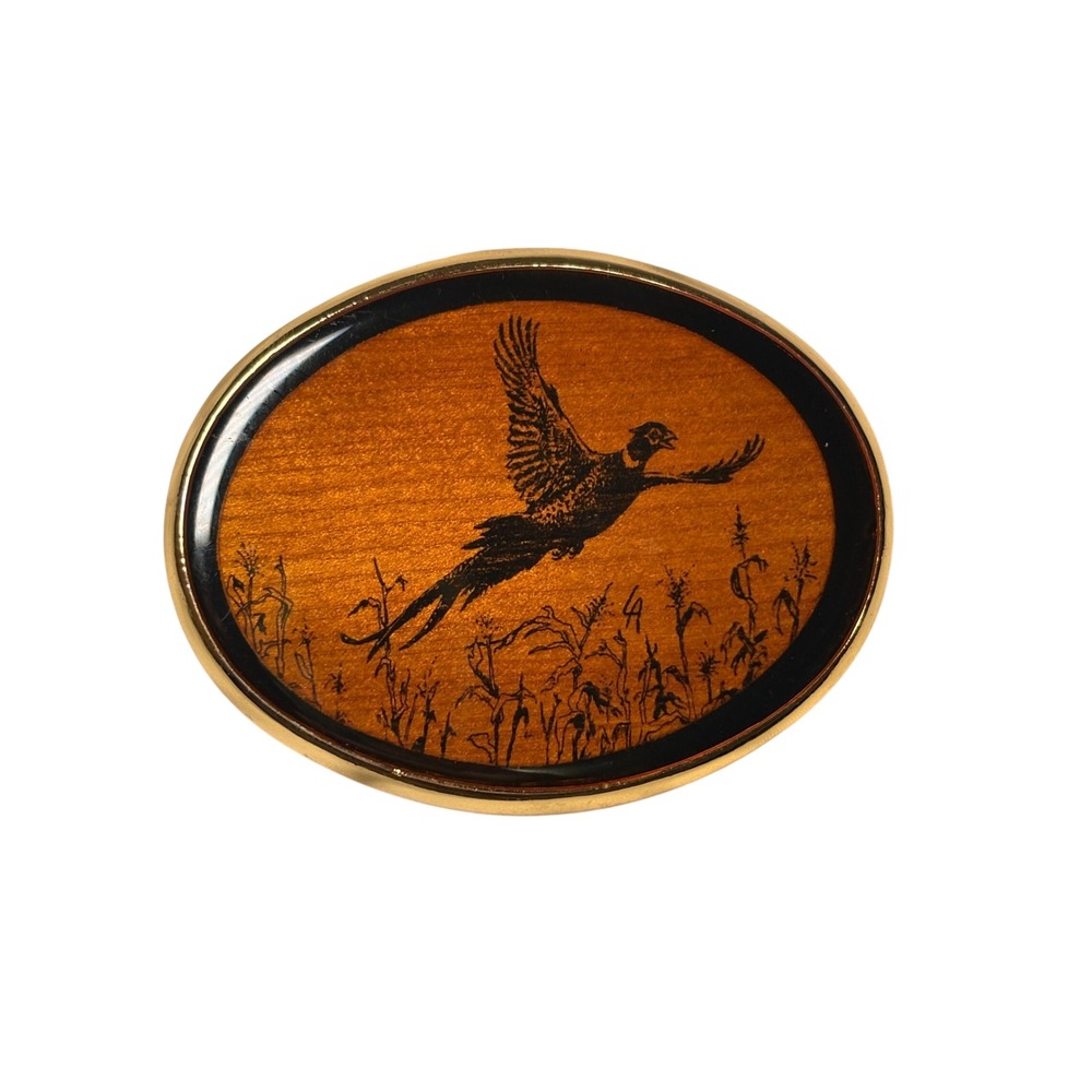 Von West USA Pheasant Belt Buckle Wood Inlay Rustic Gold Tone Hunting Buckle